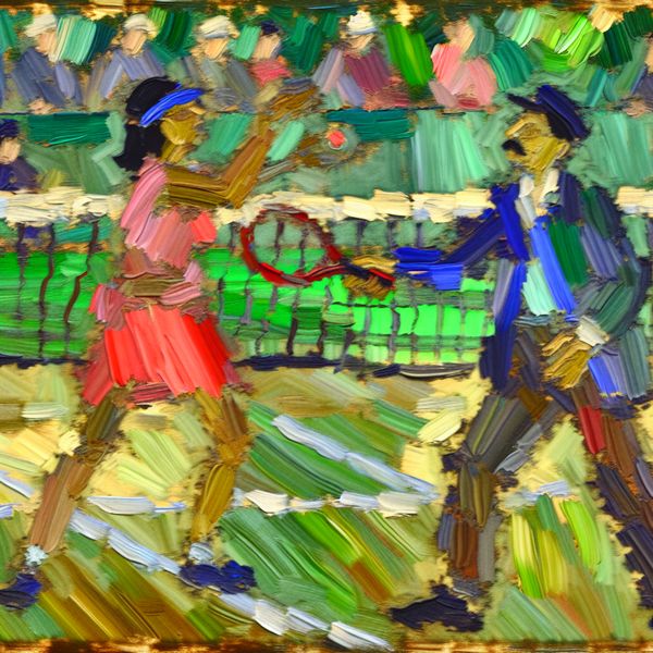 Abstract expressionistisch schilderij van twee mensen die tennissen in een park, met levendige kleuren en dynamische penseelstreken