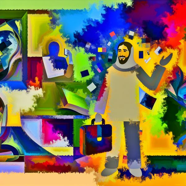 Abstracte scène van een tevreden persoon omgeven door werkgerelateerde items in de stijl van Karel Appel