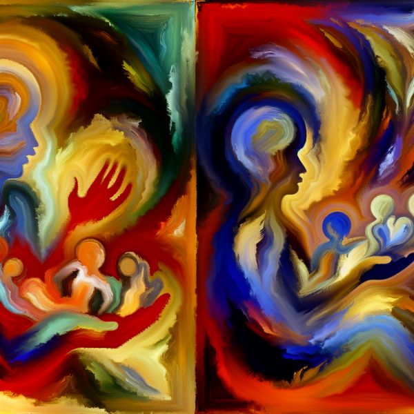 Abstracte expressie van innerlijke gevoelens en overtuigingen in gedrag - taal leren Nederlands Abstract expressionistisch schilderij van een persoon omringd door warme en koele kleuren die generositeit en geduld tonen, symboliserend hoe gedrag gevoelens en overtuigingen uitdrukt