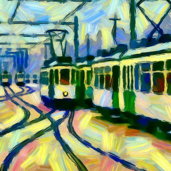 Amsterdamse tramnetwerk in abstract expressionisme: regelmatige verbindingen en stadsdynamiek Abstract expressionistisch stadsgezicht van Amsterdam met dynamische tramlijnen en levendige kleuren, symboliserend regelmatige verbindingen in het openbaar vervoer