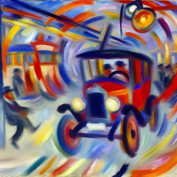 Abstract expressionistisch schilderij van een bus of trein in beweging, met felle kleuren en dynamische penseelstreken die dagelijks reizen en logistiek uitbeelden