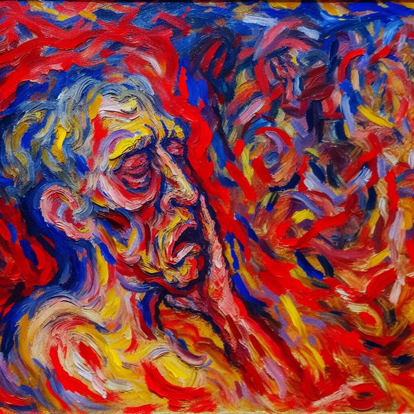 Uitgeput gevoel abstract weergegeven in stijl van Karel Appel Abstract expressionistisch schilderij van een uitgeput persoon met chaotische penseelstreken in felle kleuren, emotionele en fysieke uitputting uitbeeldend