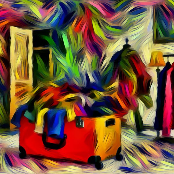 Abstract expressionistische afbeelding van een reiziger die een koffer uitpakt met kleurrijke kledingstukken die eruit vallen in een chaotische kamer