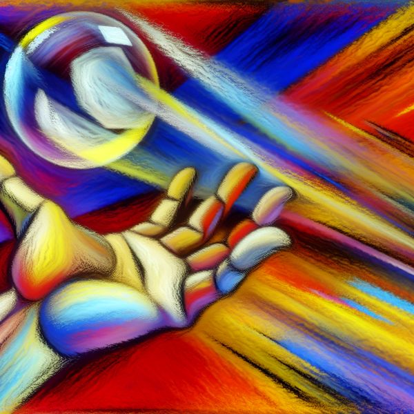 Abstracte voorstelling van vangen: hand redt vallend object in de stijl van De Kooning Abstract expressionistisch schilderij van een hand die een vallende glazen bal of voorwerp opvangt, met dynamische penseelstreken en felle kleuren