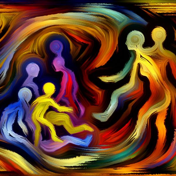 Verantwoordelijkheid en zorg in abstract expressionisme: symboliek van verbondenheid en afstand Abstract expressionistisch schilderij dat de verdeling van verantwoordelijkheid tussen twee volwassenen en kinderen symboliseert met dynamische penseelstreken en contrasterende kleuren