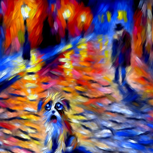 Abstracte voorstelling van verlating: hond in de steek gelaten op straat Kleine, eenzame hond met trieste ogen, verlaten op een gebarsten stoep in abstracte stijl van Karel Appel, symboliserend 'in de steek laten'