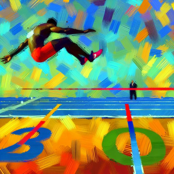 Abstract expressionistische voorstelling van een atleet in volle sprong tijdens een verspringwedstrijd, met duidelijke meter-aanduidingen op de grond
