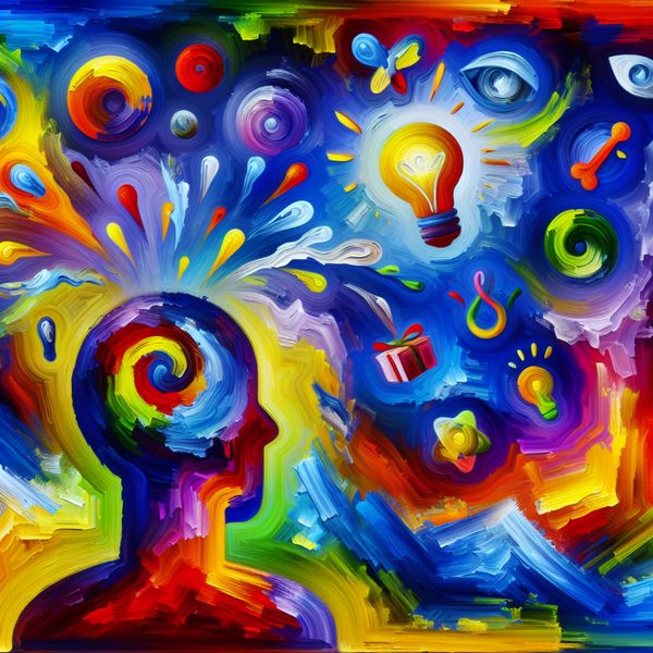 Creatief verzinnen: abstracte visualisatie van ideeën en plannen bedenken Abstracte voorstelling van een persoon die een nieuw idee verzint met een kleurrijk, gloeiend hoofd vol creatieve symbolen en speelse vormen in de stijl van Karel Appel