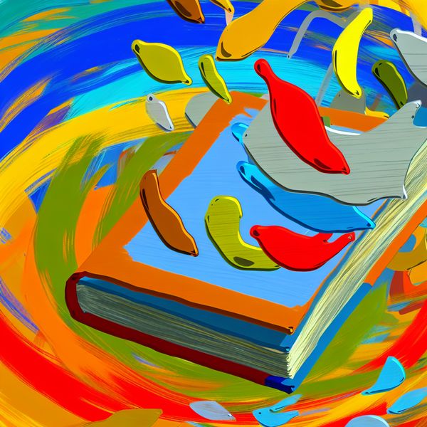 Vibrante abstracte kunst van een open boek en zijn vorige editie Abstracte afbeelding van een open boek met een grotere vorige editie ernaast, omgeven door levendige, kleurrijke splashes die de stappen in een reeks symboliseren.