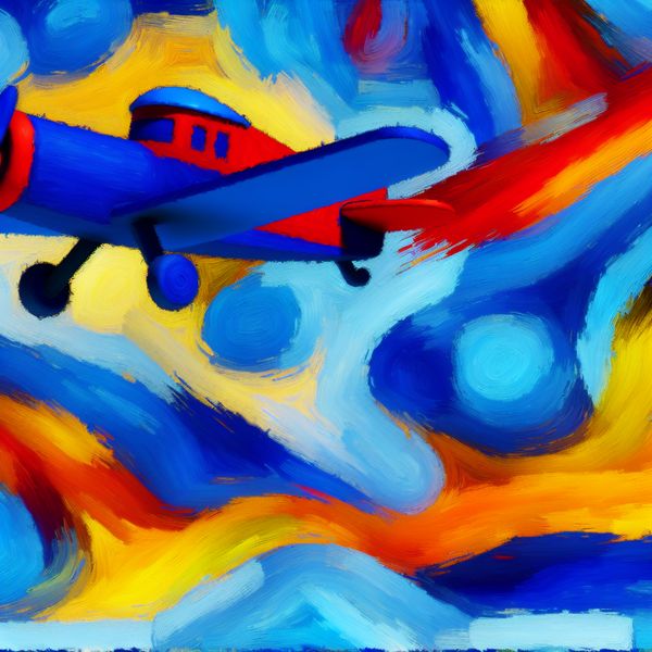 Kleurrijk abstract vliegtuig in vlucht - leer Nederlands over luchttransport Abstract schilderij van een kleurrijk vliegtuig in vlucht met dynamische penseelstreken en levendige kleuren zoals blauw, rood en geel