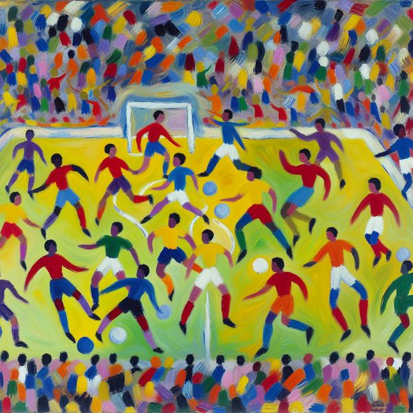 Abstract schilderij van een voetbalveld met elf spelers in levendige kleuren, geïnspireerd op de stijl van Karel Appel