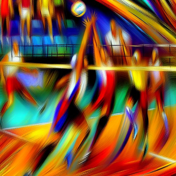 Abstract expressionistische voorstelling van een volleybalwedstrijd met dynamische figuren en felle kleuren, geïnspireerd op Willem de Kooning