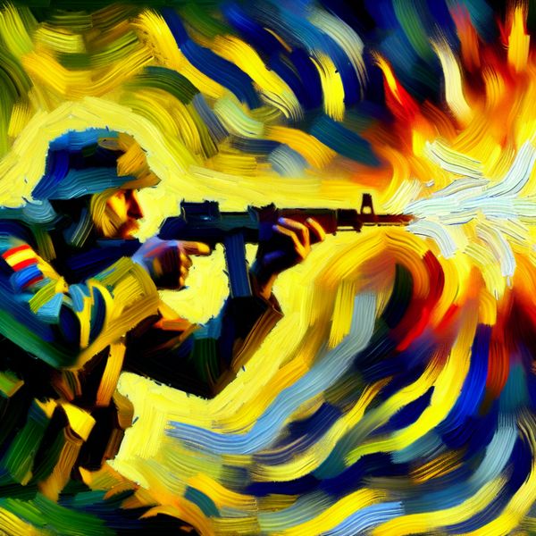 Abstracte voorstelling van een wapen dat vuurt - dynamisch en expressief Abstract expressionistisch schilderij van een wapen dat een kogel afvuurt, met explosieve flits en dynamische beweging van een vaag figuur in een chaotische omgeving