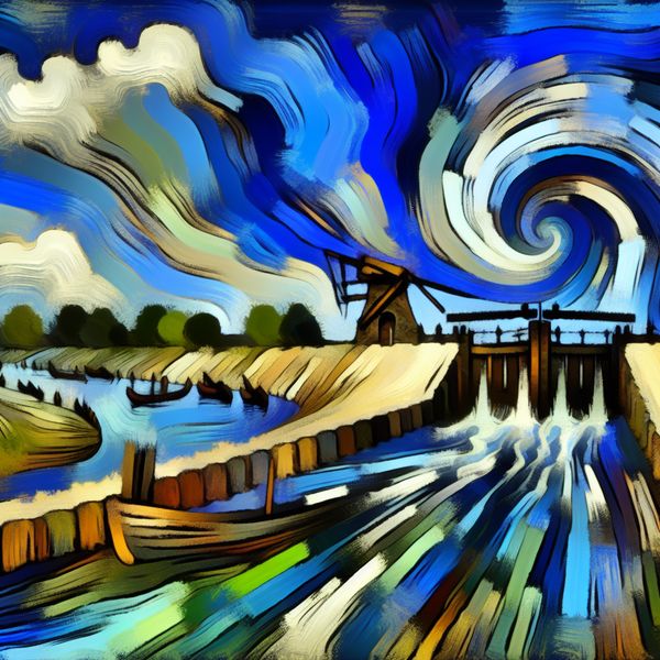 Waterverlaat in polder: abstracte weergave van Nederlands waterbeheer Abstract expressionistisch schilderij van een dynamisch waterverlaat in een Nederlandse polder, met kolkend water en expressieve penseelstreken