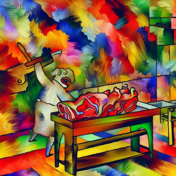 Kleurrijk abstract werkblad in de stijl van Karel Appel met een slager die vlees snijdt, omringd door levendige verfstreken en dynamische vormen