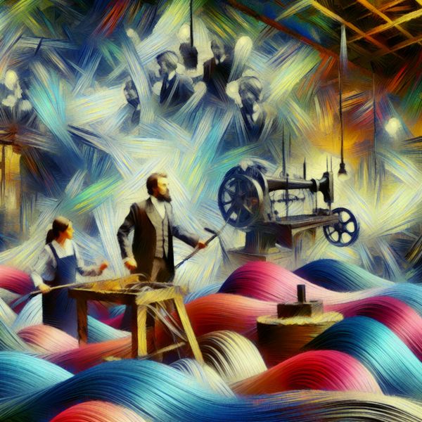 Abstracte uitdrukking van een chaotisch werkruimte met kleurrijke draden en schakelaars, waar ambachtslieden bezig zijn.