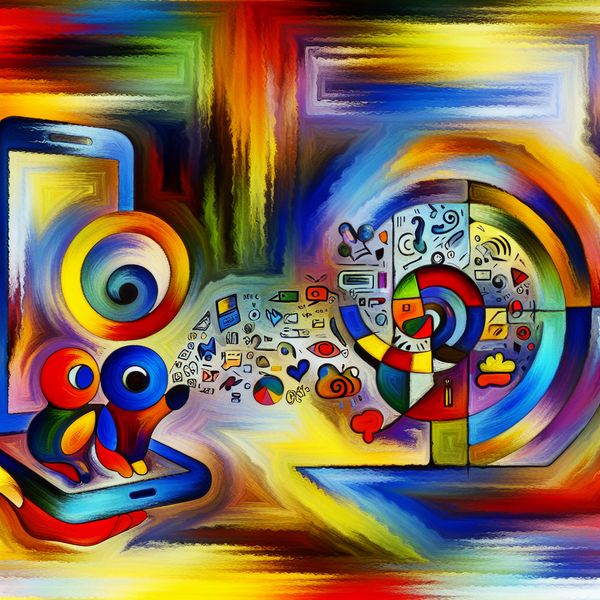 Digitale communicatie in abstracte kunst: WhatsApp-gesprek in levendige kleuren Abstracte digitale voorstelling van een levendig WhatsApp-gesprek tussen twee expressieve figuren, met felle kleuren en dynamische chatbubbels in de stijl van Karel Appel