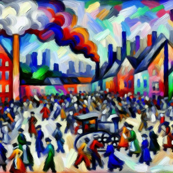 Abstracte afbeelding van een stedelijk landschap uit de 19e eeuw, met drukke figuren en fabrieksrook, dat sociale veranderingen weergeeft.