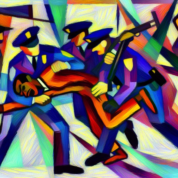 Abstracte compositie van een persoon die door politieagenten wordt aangehouden, geïnspireerd door Willem de Kooning, met een achtergrond van levendige kleuren.