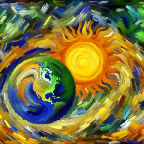 Abstracte voorstelling aarde en zon in een dynamische compositie Abstracte voorstelling van de aarde en de zon, met de aarde als een grote, kleurrijke massa die om een heldere zon draait.