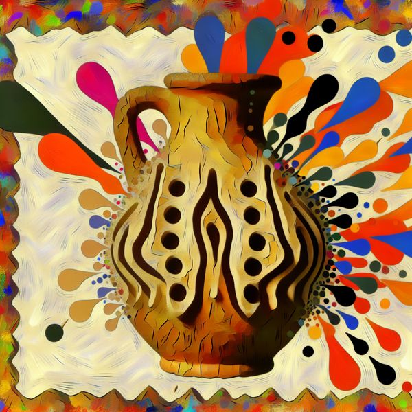 Abstracte Aardewerken Pot met Openingen Abstracte weergave van een aardewerken pot met zichtbare poriën, cracks en levendige kleuren, symboliserend vocht dat ontsnapt.