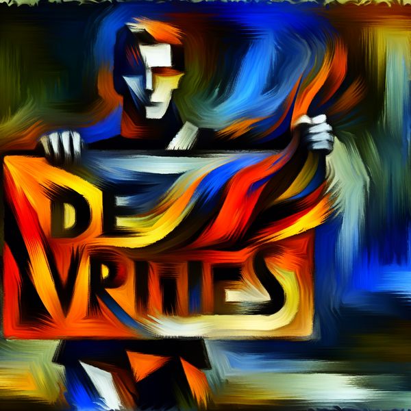 Abstracte achternaam illustratie - De Vries familienaam leren in het Nederlands Abstract expressionistisch kunstwerk met een dynamische figuur die een naamkaartje met de achternaam 'De Vries' vasthoudt, symboliserend voornaam en familienaam bij kennismaking