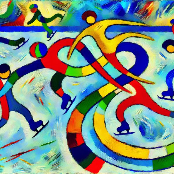 Abstracte achtvormige schaatsfiguur in expressieve stijl voor taalonderwijs Abstracte voorstelling van schaatsers die een achtvormige figuur maken op het ijs, geïnspireerd op de stijl van Karel Appel