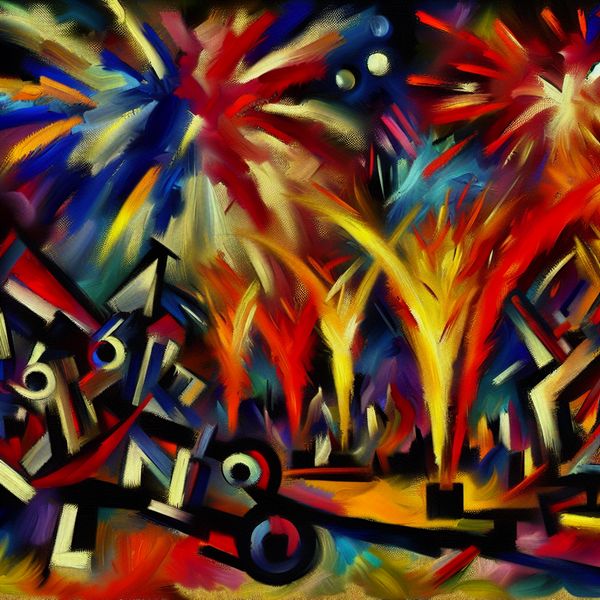 Abstract expressionistisch schilderij van een spectaculair slotstuk met explosieve kleuren en dynamische penseelstreken, symboliserend de afsluiting van een evenement
