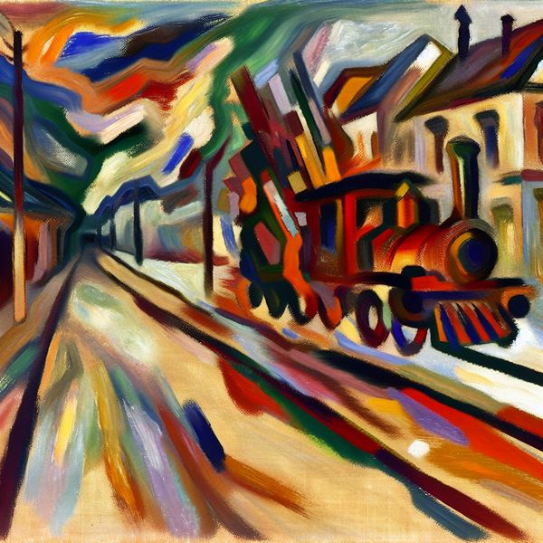 Abstracte Afstand in het Werk van Willem de Kooning Abstracte expressieve scène van een straat met een treinstation en een verre dorpsachtergrond, geschilderd door Willem de Kooning.