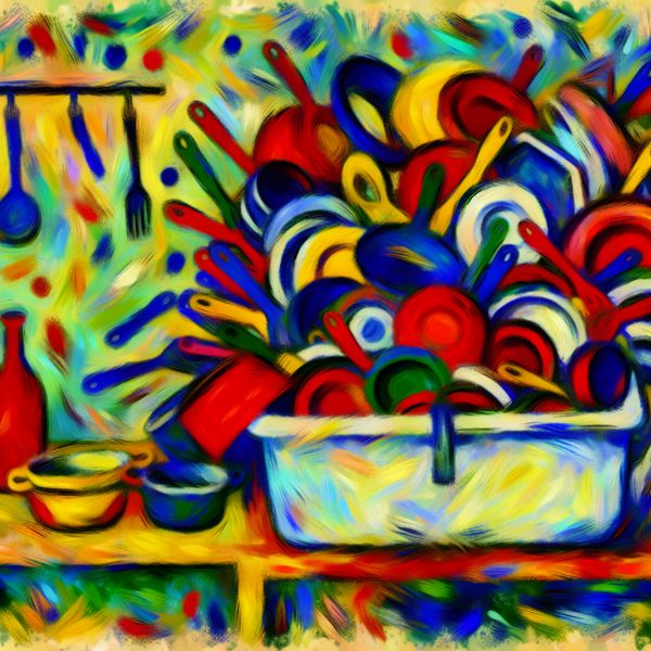 Afwas doen: kleurrijke abstracte illustratie van huishoudelijke taak Abstracte voorstelling van een overvolle gootsteen met vuile vaat, geschilderd in expressieve stijl met felle kleuren en dikke penseelstreken