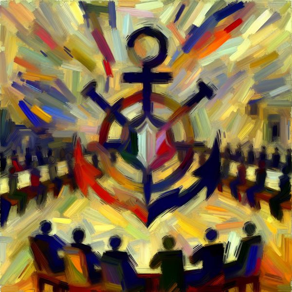 Kleurrijk abstract embleem dat erkenning symboliseert, omringd door dynamische penseelstreken in een energieke compositie.