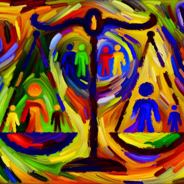 Abstracte balans van gelijkheid en eerlijkheid Abstract expressionistisch kunstwerk met een multi-gelijkwaardige balansschaal omgeven door levendige kleuren