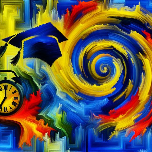 Abstracte afbeelding die het behalen van doelen symboliseert met een afstudeerhoed en een tikkende klok, versterkt door dynamische, kleurrijke penseelstreken.
