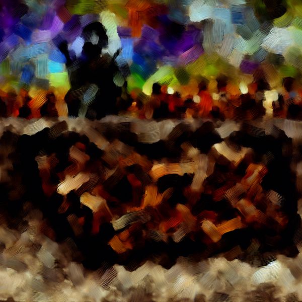Abstracte Begrafenis Voorstelling met Rouwende Mourners Abstracte weergave van een begrafenisscène met een symbolisch graf en rouwenden op de achtergrond.