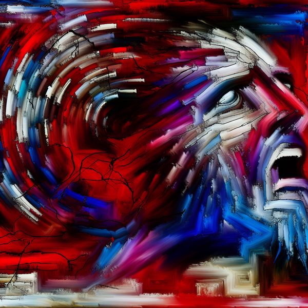 Abstract schilderij in de stijl van Willem de Kooning dat de rauwe emotie van een bekentenis uitbeeldt met felle kleuren en dynamische penseelstreken