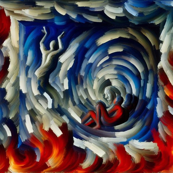 Abstracte beklemming: gevangen in emotionele turbulentie - taal en gevoelens leren Abstract expressionistisch schilderij van een figuur gevangen in een chaotische vortex van dikke verfstreken, symbool voor beklemming en onontkoombare situaties