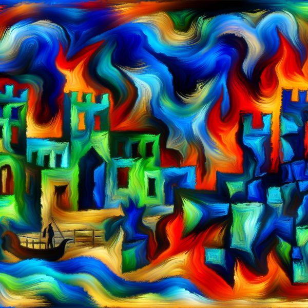 Abstracte voorstelling van een middeleeuwse stad onder beleg, symboliserend bescherming en weerstand met expressieve kleuren en vormen in de stijl van Karel Appel