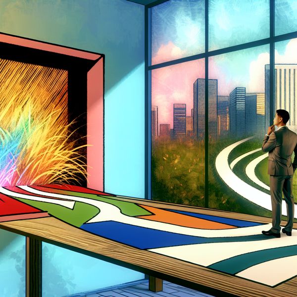 Abstracte afbeelding van een persoon die in een retro-futuristische kamer nadenkt over een belangrijke beslissing, met twee papieren die verschillende levenspaden voorstellen.