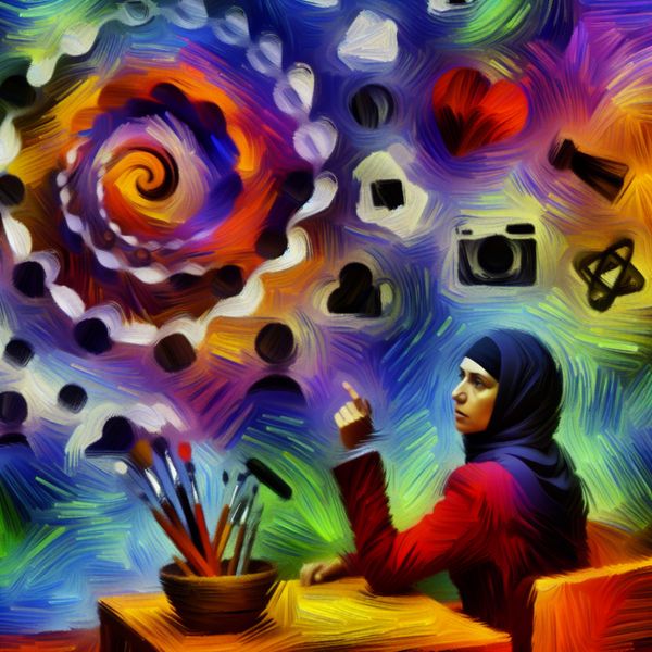 Abstracte afbeelding van een persoon die aan een bureau zit, omringd door levendige kleuren en dynamische penseelstreken die gedachten en keuzes representeren.