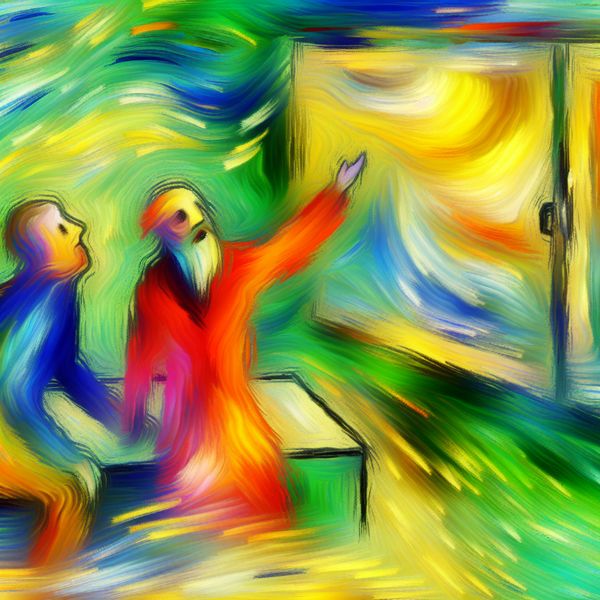Abstracte bevestiging zoeken in gesprek - Taaluitdrukking Nederlands leren Abstract expressionistisch schilderij van twee figuren in gesprek, waarbij de ene bevestiging zoekt over het mooie weer met gebaren naar een zonnig raam