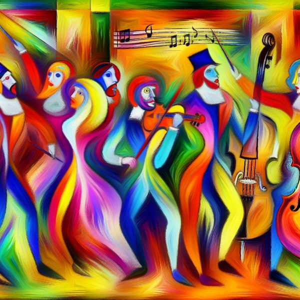 Kleurrijke bezetting van een toneelstuk of orkest in abstracte stijl Abstracte voorstelling van een levendig orkest of toneelgezelschap met expressieve figuren en felle kleuren, geïnspireerd op Karel Appel
