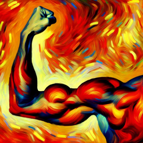 Expressieve biceps illustratie voor spierfunctie en lichaamsbeweging Abstract expressionistische illustratie van een menselijke arm met uitvergrote biceps, benadrukt door dynamische penseelstreken en felle kleuren, die spierspanning en beweging weergeeft