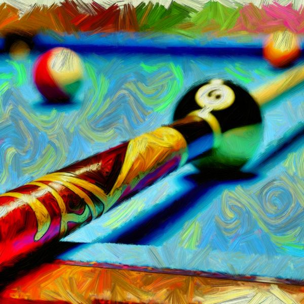 Biljartkeu in actie: dynamische abstracte schilderkunst voor taal en spel Abstracte voorstelling van een biljartkeu die een kleurrijke bal stoot in de stijl van Karel Appel