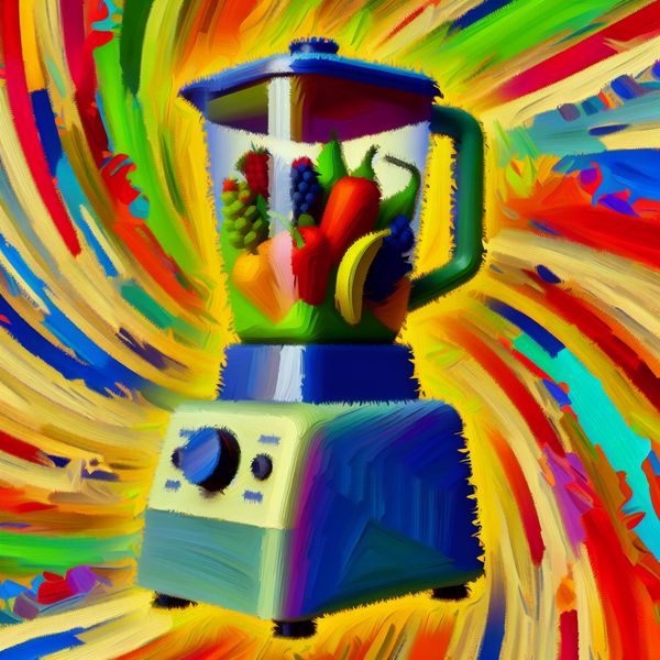 Abstracte blender compositie met fruit en kleuren Kleurrijke abstracte compositie van een blender met fruit, symboliserend een staat van verminderde energie.