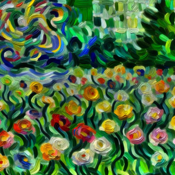 Abstract schilderij van een bloeiende tuin in de lente met kleurrijke bloemen en levendige penseelstreken