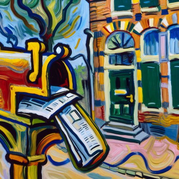 Abstracte brievenbus bij Nederlands huis - post ontvangen leren Abstract expressionistisch schilderij van een Nederlandse huisgevel met een opvallende brievenbus waar een krant uitsteekt, geschilderd in levendige kleuren en dynamische penseelstreken