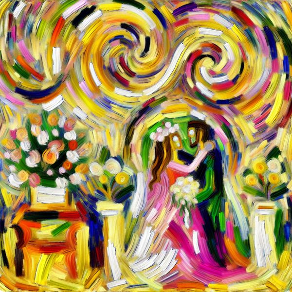 Abstracte Kunst van een Bruiloft Ceremonie Abstract expressionist schilderij van een bruiloft met een stel omgeven door levendige kleuren en dynamische penseelstreken.