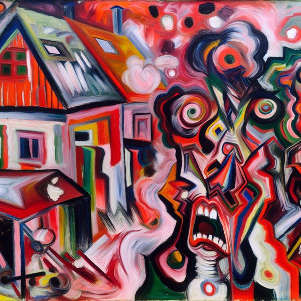Verstoorde Burensituatie in Abstracte Kunst Abstract expressionistisch schilderij met twee buren in een intense ruzie te midden van een chaotische buurt