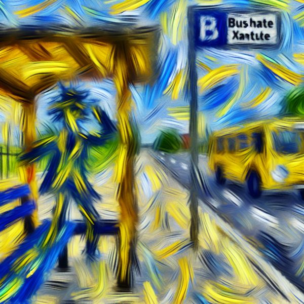 Bushalte openbaar vervoer - abstracte weergave met dynamische beweging en energie Abstract expressionistische voorstelling van een drukke bushalte met wachtende passagiers en bewegende voertuigen in levendige kleuren