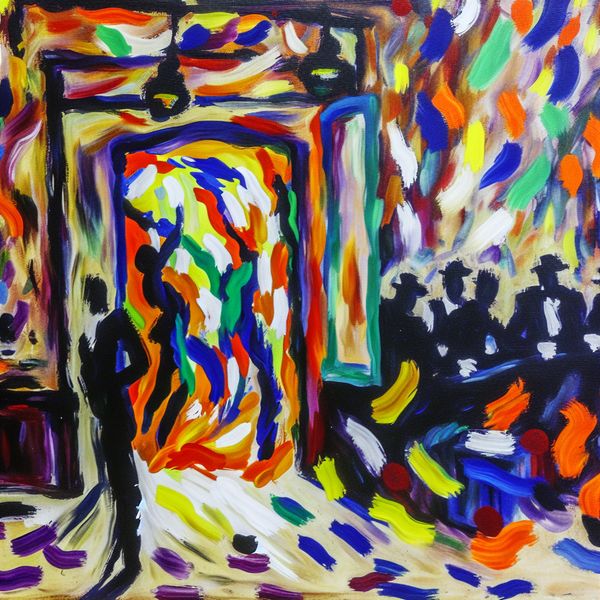 Abstracte clubingang - Toegang tot exclusiviteit Abstract expressionist schilderij van een chaotische clubingang met een grote deur en schimmige figuren die zich vermaken binnenin